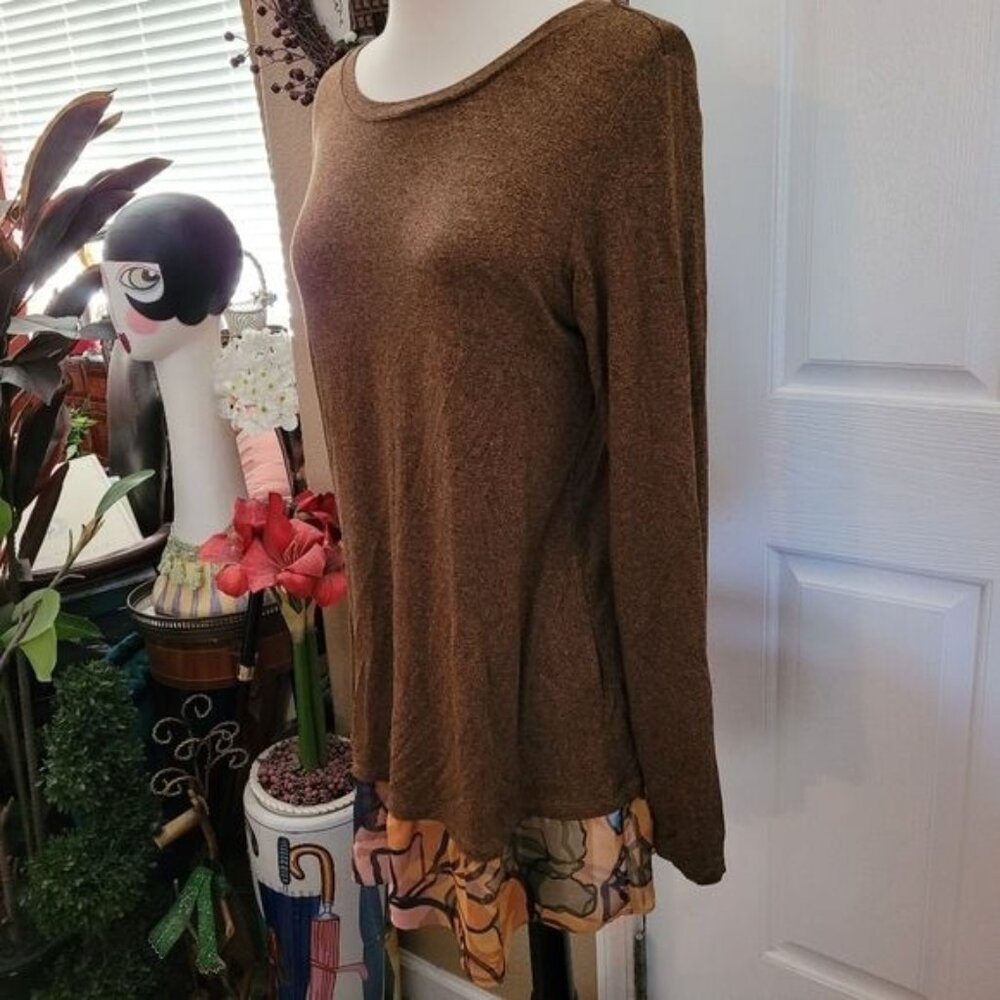 LOGO Lori Goldstein Fall Top Brown Floral Print Chiffon Trim Small
